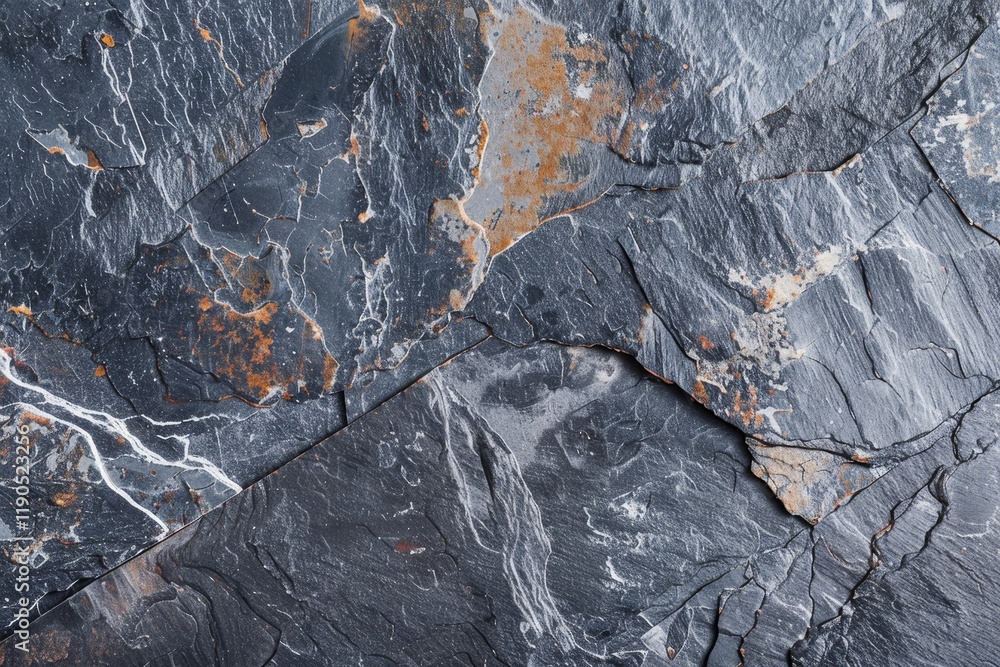 Poster a close-up shot of gray slate with a matte finish, featuring a mottled and speckled surface, mottled