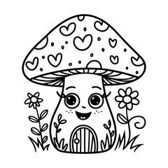 Whimsical black and white illustration coloring page with cute mashroom