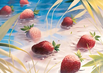  Dark red big strawberries at all over water , art watercolour style Hiroo Isono , green leaves , grass, wallpaper for mobile
