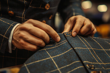 Man in suit stitching fabric with concentration, surrounded by colorful threads and various sewing tools on a wooden table.
