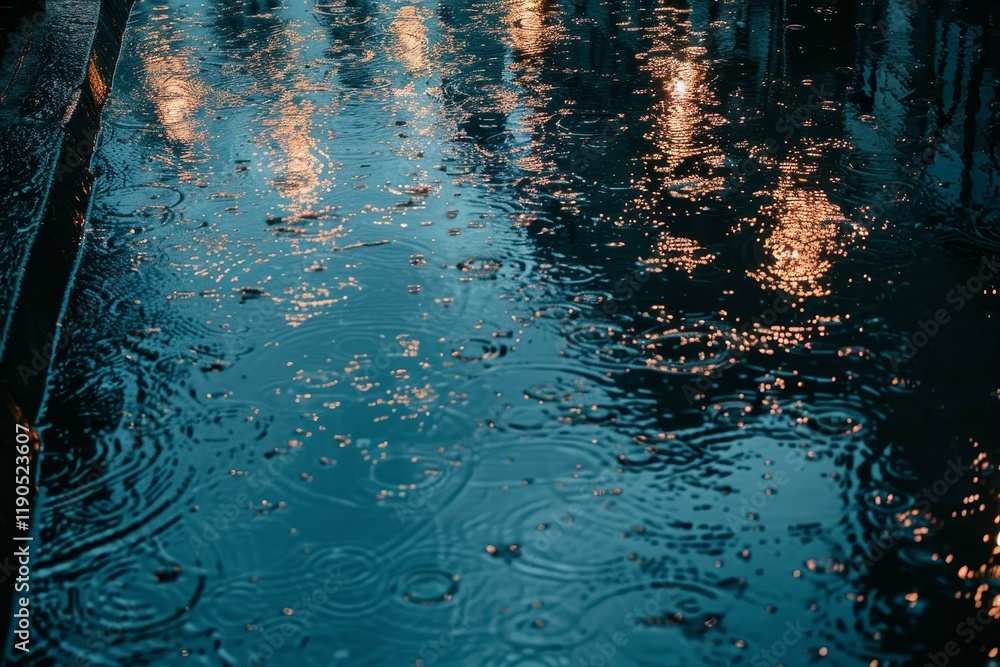 Poster a close-up view of a wet pavement surface with raindrops creating ripples and reflecting city lights