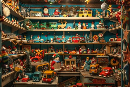 A vintage toy shop packed with nostalgic toys on wooden shelves, evoking a sense of childhood wonder, A nostalgic scene of a vintage toy shop filled with Christmas decorations