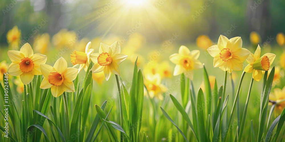 Poster Photograph of a vibrant field of yellow daffodils in a natural setting in spring. Sunlight filters through the foliage, creating a warm golden glow.
