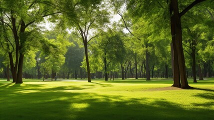 Serene Urban Oasis - Tranquil Green Park with Majestic Trees and Shadows on Pristine Grass