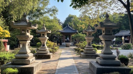Fototapeta premium Serene Asian Garden with Stone Lanterns