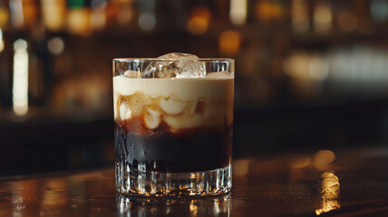 A White Russian cocktail in a rocks glass with ice, featuring vodka, coffee liqueur, and cream, creating a rich, creamy, and indulgent drink, perfect for sophisticated evening gatherings. 