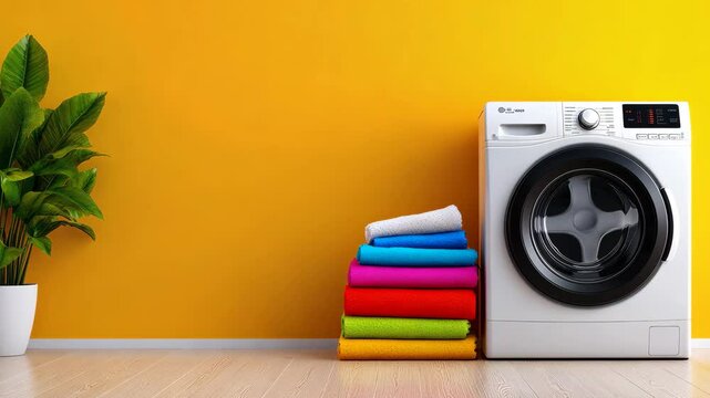 White washing machine sits in front of a wall with a plant and a stack of colorful clothes