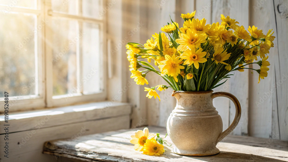 Poster rustic natural sprin scene with clay pot with handle and bouquet of bright yellow daffodils. sunligh