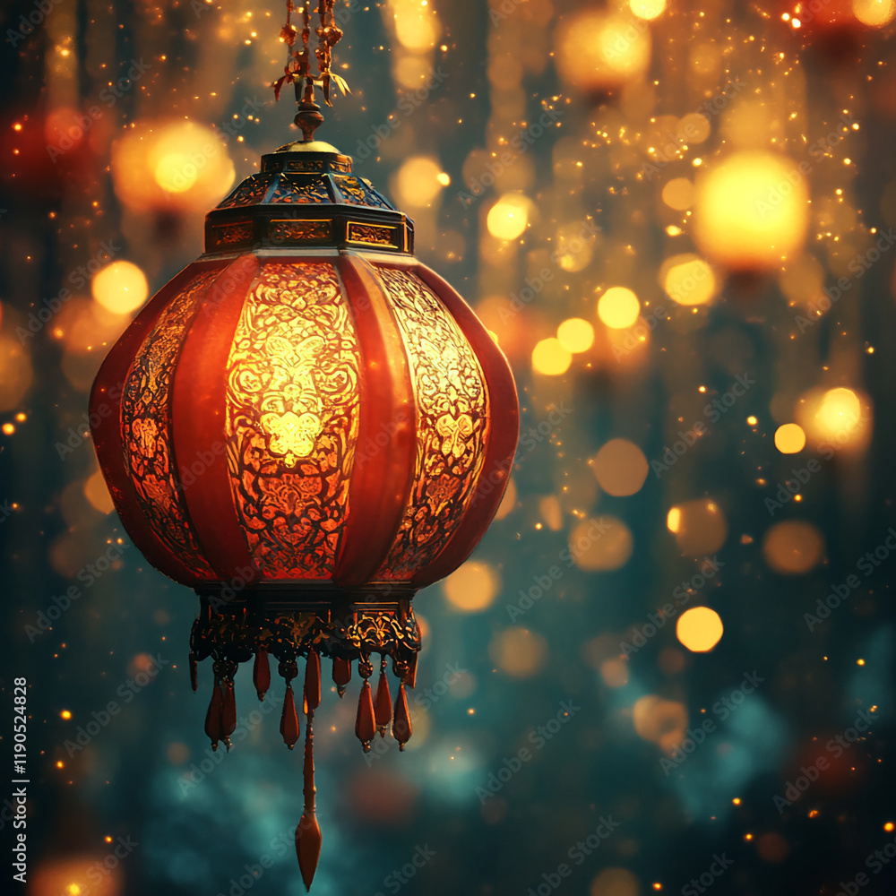 Poster ornate red lantern glowing in festive atmosphere with golden bokeh lights