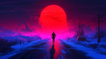 Obraz premium A solitary figure walks down a reflective road under a massive pink sun at dusk, with mountains in the background