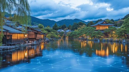 Fototapeta premium Traditional Japanese Houses by Water, Illuminated for Evening, with Digital Network Overlay