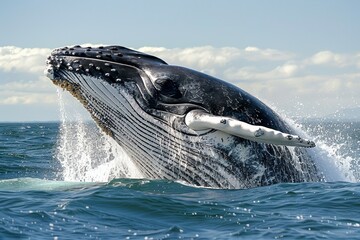 A whale breaches the surface of the ocean at sunset, creating a dramatic silhouette against the golden sky, The elegant arc of a whale breaching the surface of the ocean