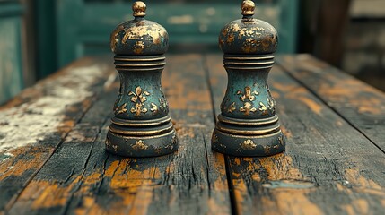 An old wooden table presents a close-up shot of a salt shaker, focusing on intricate details