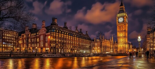 Fototapeta premium Illuminated Riverbank, Houses of Parliament, and the Iconic Clock Tower at Night, London, UK