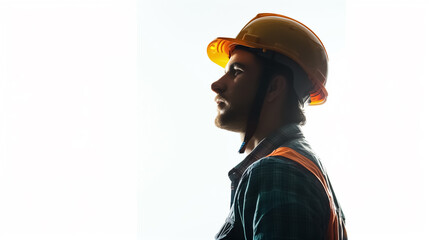 Obraz premium Profile Side View of Male Worker with Hard Hat on White Background