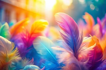 Fototapeta premium Colorful Feathers on Soft Pastel Background - Artistic Architectural Photography