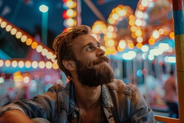 Obraz premium Handsome Caucasian Man with Beard Enjoying a Vibrant Summer Evening at the Carnival