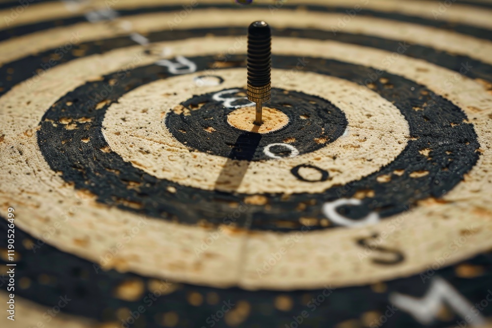 Poster a close-up view of a dartboard, with a single dart lodged directly in the center bullseye, craft a s