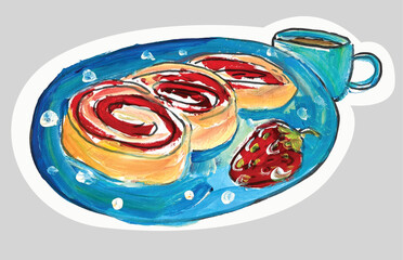 hand illustration of sweet strawberry swiss roll with cuo of coffee