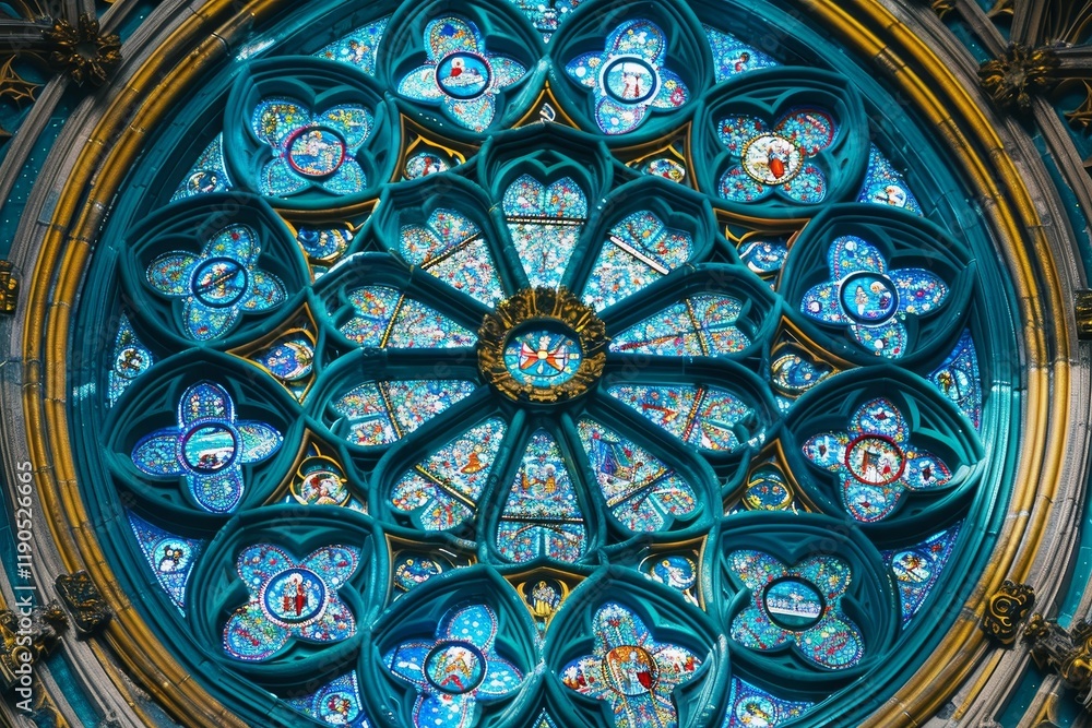 Poster a close-up view of a rose window with intricate tracery patterns in teal and gold hues, focus on the