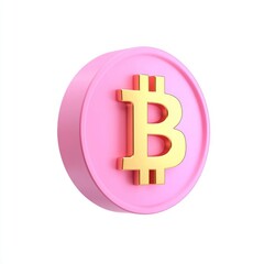 3D pink Bitcoin coin with golden symbol on a white background.