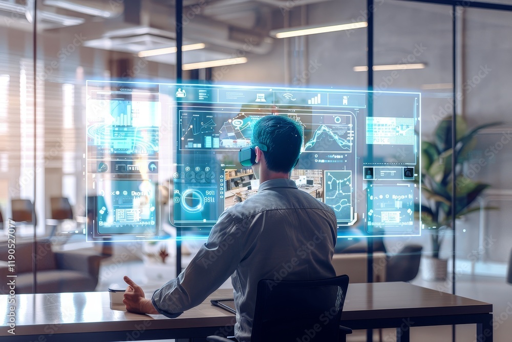 Poster man in office wears headset, interacts with augmented reality to show virtual topaz, an augmented re