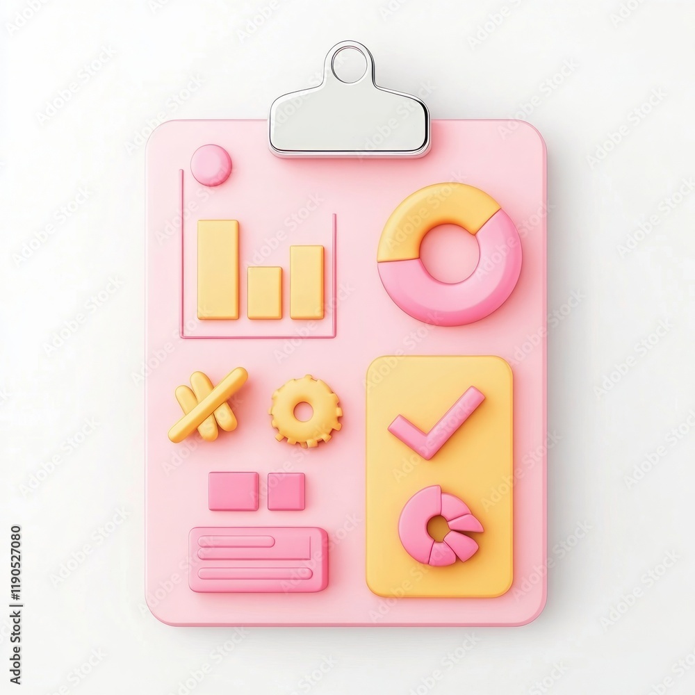 Poster colorful clipboard displaying charts and graphs in playful design.