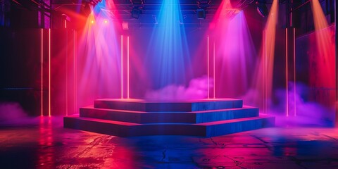 A room with lights and a stage with a blue and red light on it
