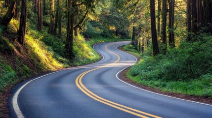 Fototapeta premium Winding road cutting through a lush forest with sunlight filtering through trees