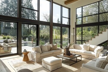 Fototapeta premium Modern living room with large windows, natural light, cozy white sofas, and neutral decor overlooking a lush outdoor garden.