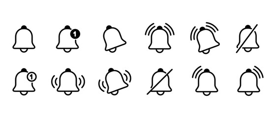 Bell outline icon set collection in generic design. Notification, alarm reminder sign symbol