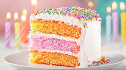 Celebratory cake slice with colorful sprinkles birthday party table food photography festive atmosphere close-up joyful moments