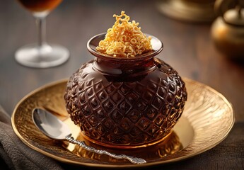 Fototapeta premium Elegant glass jar filled with crispy noodle snacks, beautifully presented on an ornate golden plate, showcasing culinary delights in a cozy ambient setting.