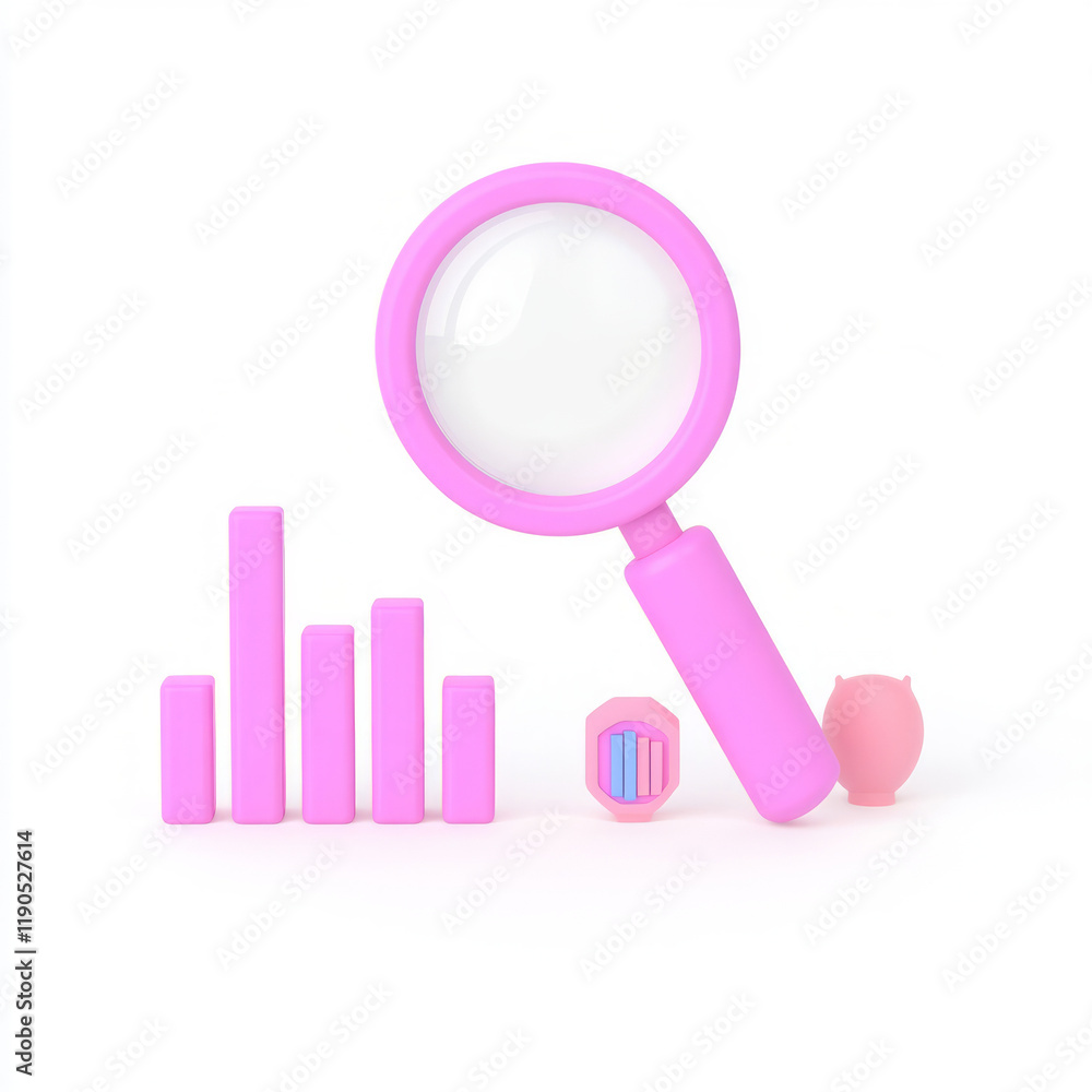 Poster magnifying glass and colorful bars representing data analysis.