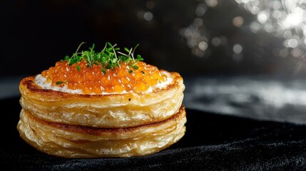 Delicious gourmet crepes with salmon roe culinary delight gourmet kitchen elegant setting close-up luxurious cuisine