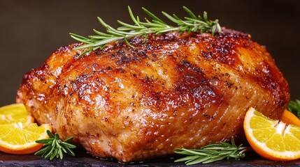 Succulent roast chicken with citrus garnish kitchen food photography warm lighting close-up culinary delight