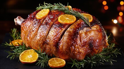 Roasted thanksgiving turkey with citrus festive dinner table food photography cozy atmosphere close-up culinary delight