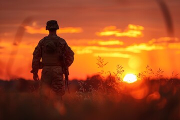 Fototapeta premium A soldier stands in a field at sunset, the golden light of the setting sun casting a silhouette, Express the gratitude felt towards those who have served