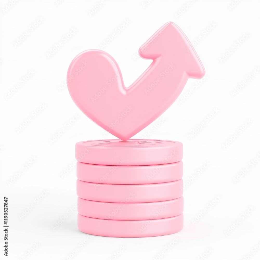 Poster pink heart and upward arrow on stacked disks symbolizing growth and positivity.