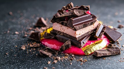 Indulgent chocolate dessert stacked high gourmet kitchen food photography artistic setting close-up culinary art