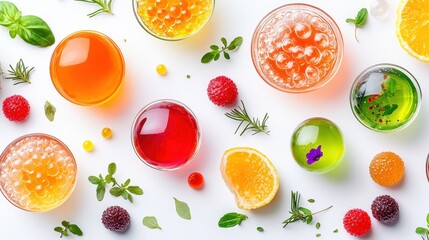 Refreshing beverage selection with colorful organic juices bright studio setting food photography vibrant and fresh aesthetic