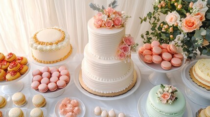 Elegant wedding cake display at a garden celebration food photography floral decor outdoor setting gourmet treats