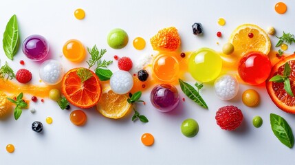 Colorful fruit jellies and fresh ingredients food styling bright studio environment close-up view culinary art