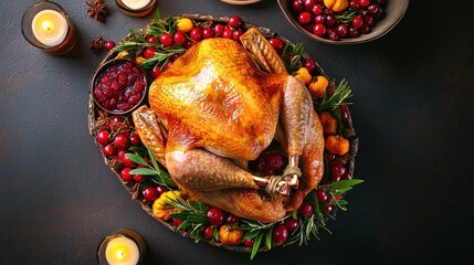 Thanksgiving feast roasted turkey with cranberries festive table setting home kitchen cozy atmosphere food photography