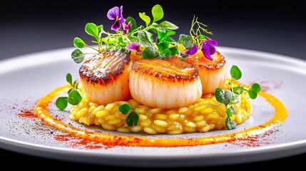 Gourmet seared scallops with risotto upscale restaurant food photography elegant setting close-up culinary art