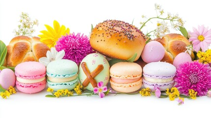 Delightful easter treats colorful macarons and breads on a floral table food presentation spring vibe close-up view