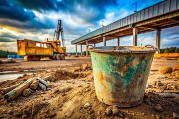Naklejka premium Construction Site Detail: Concrete Bucket on Dusty Ground, Industrial Landscape
