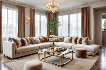 Fototapeta premium Living Room with Large Neutral Sectional Sofa, Glass Coffee Table, Chandelier, and Floor-to-Ceiling Windows