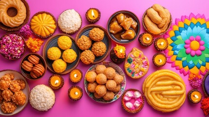 Festive indian sweets display home celebration food photography colorful environment top-down view cultural delight