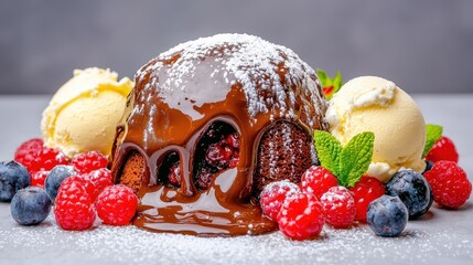 Indulgent chocolate lava cake with berries and ice cream gourmet dessert studio setting close-up shot sweet treats